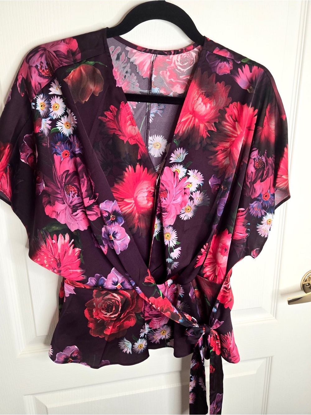 Express Floral Wrap Blouse in Plum and Pink
